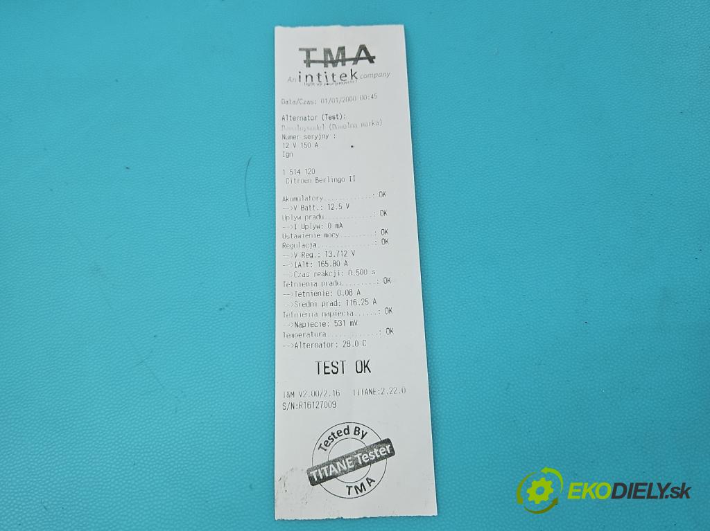 Citroen Berlingo II 2008-2018 1.6 hdi 90 HP manual 66.2 kW 1560 cm3 5- Alternator 9646321880 (Alternátor)