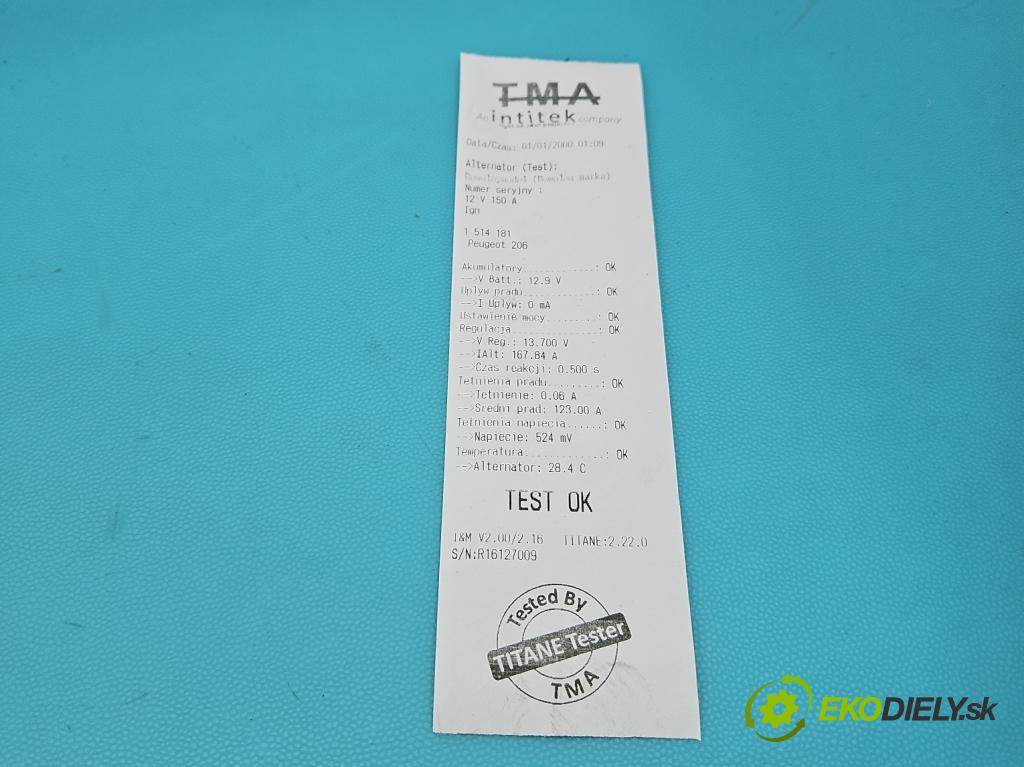 Peugeot 206 1.4 hdi 68 HP manual 50 kW 1398 cm3 3- Alternator 9646476280 (Alternátor)