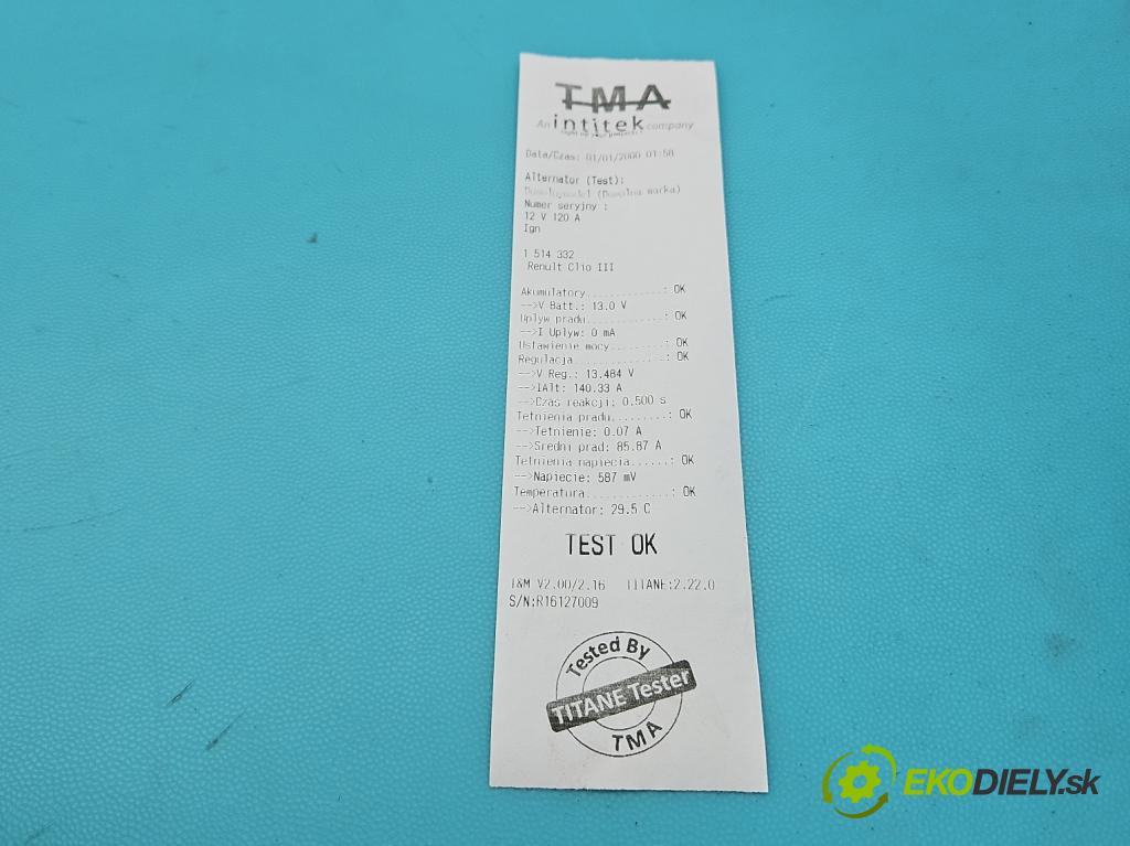 Renault Clio III 2005-2012 1.2 101 HP manual 74 kW 1149 cm3 5- Alternator 8200654541 (Alternátor)