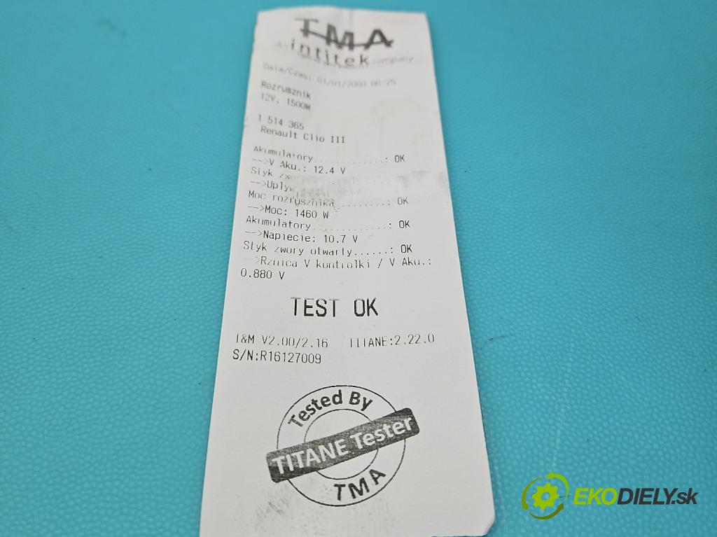 Renault Clio III 2005-2012 1.2 101 hp manual 74 kW 1149 cm3 5- startér: 8200369521F (Startér)