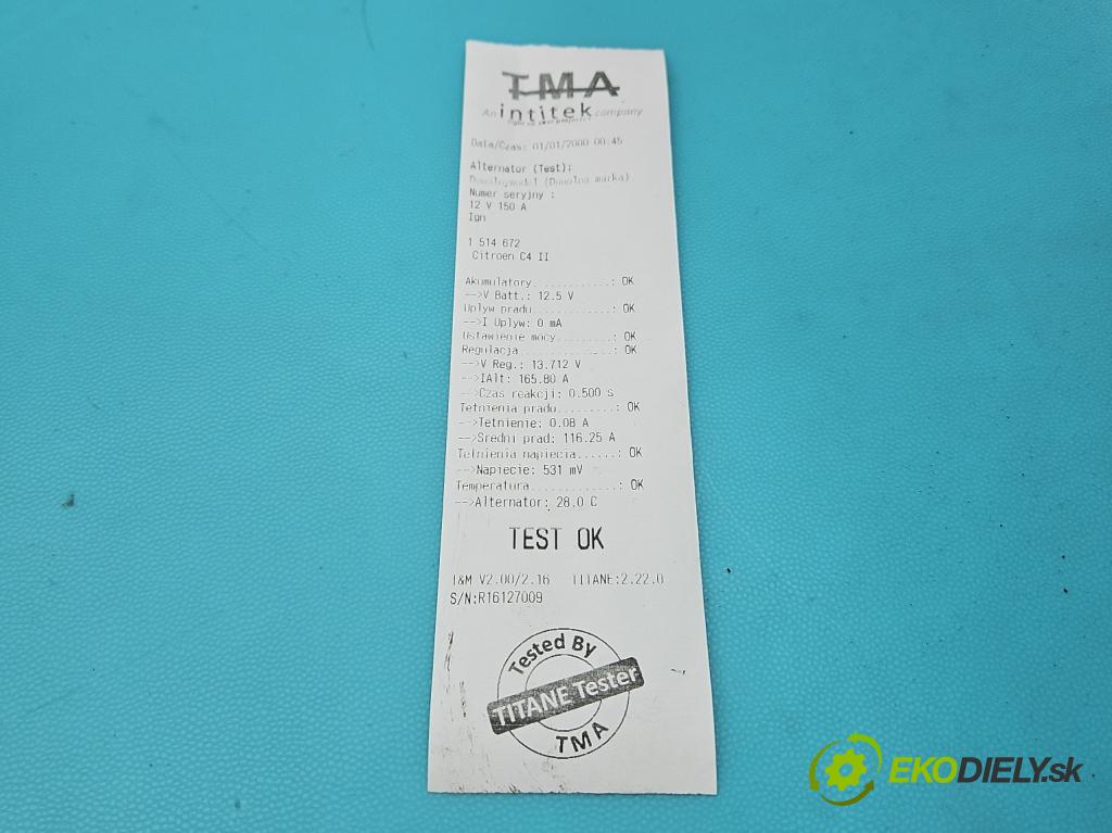 Citroen C4 I 2004-2011 1.6 hdi 90 HP manual 66,2 kW 1560 cm3 5- Alternator 9646321780 (Alternátor)