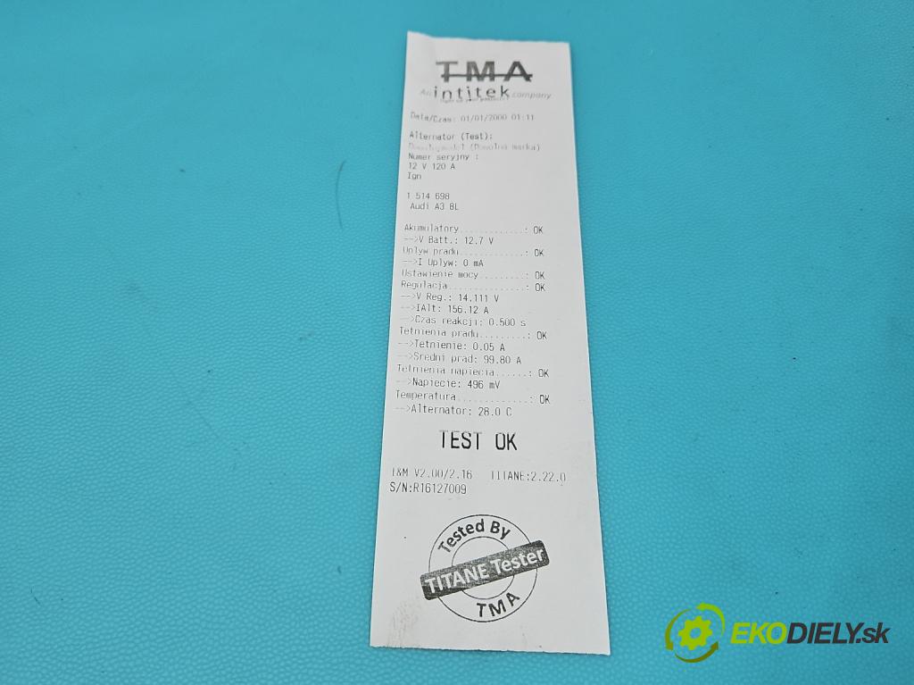 Audi A3 8L 1996-2003 1.9 tdi 90 HP manual 66 kW 1896 cm3 3- Alternator  (Alternátor)