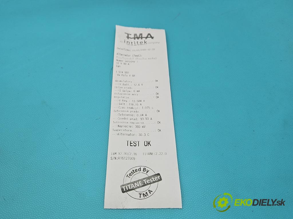 Vw Polo V 6R 2009-2017 1.2b 60 HP manual 44 kW 1198 cm3 5- Alternator 03D903025J (Alternátor)