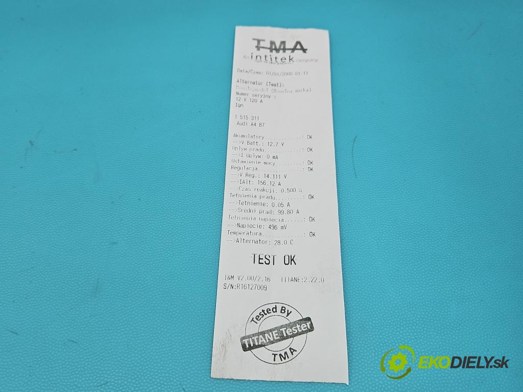 Audi A4 B7 2004-2008 1.8 T 20V 163 HP manual 120 kW 1781 cm3 5- Alternator 06B903016AE (Alternátor)