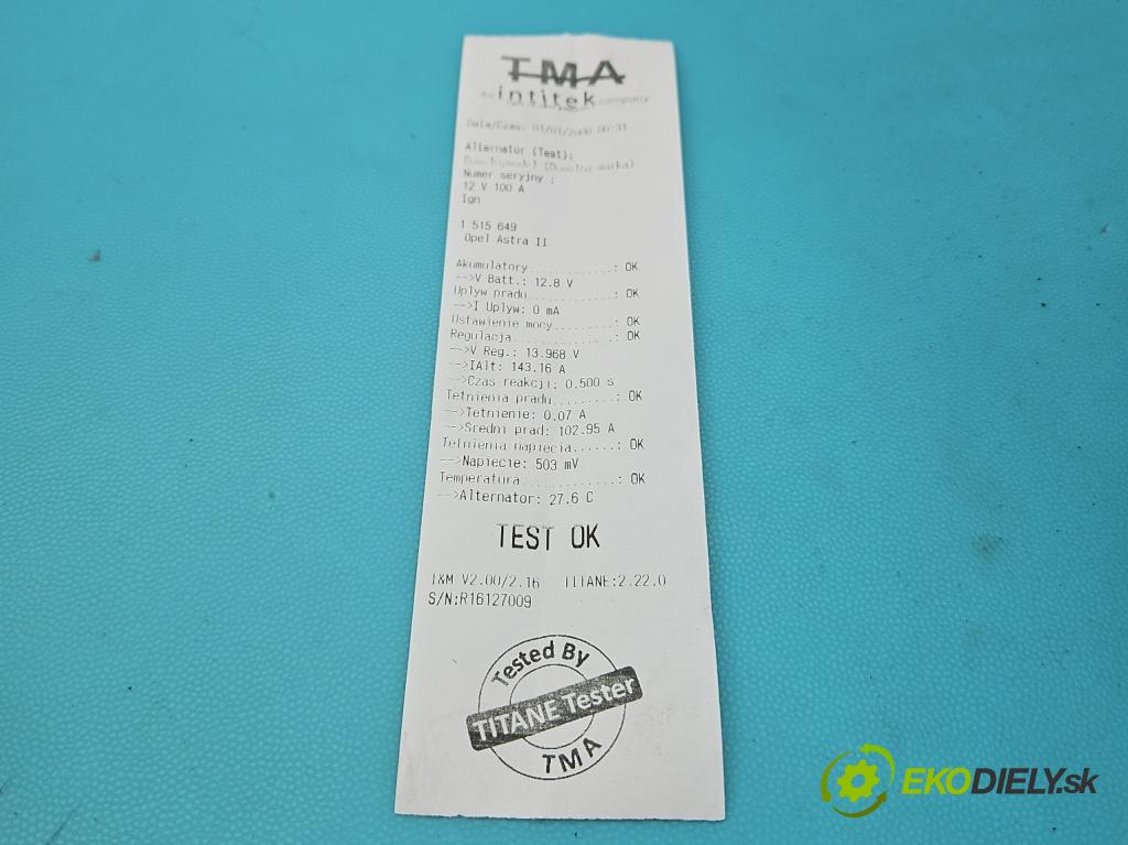 Opel Astra II 1998-2009 1.6 16v 101 HP manual 74 kW 1598 cm3 5- Alternator 93186485 (Alternátor)