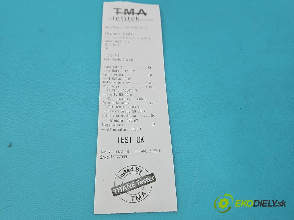 Fiat Punto Grande 1.2 8v 65 HP manual 48 kW 1242 cm3 3- Alternator 51700675 (Alternátor)