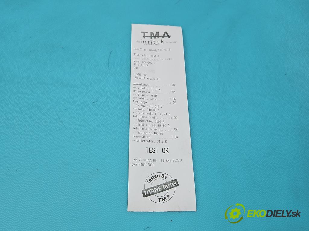 Renault Megane II 2003-2008 1.6 16v 111KM manual 82 kW 1598 cm3 4- Alternator 8200667619 (Alternátor)