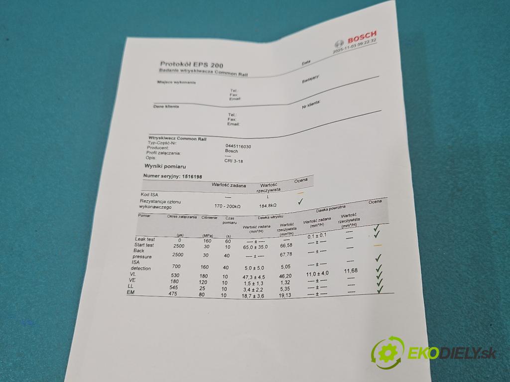 Vw Passat CC 2008-2016 2.0 TDI 140 hp manual 103 kW 1999 cm3 4- vstřikovač 0445116030 (Vstřikovač paliva)