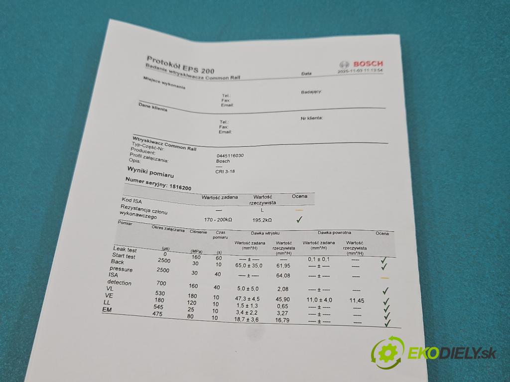 Vw Passat CC 2008-2016 2.0 TDI 140 hp manual 103 kW 1999 cm3 4- vstřikovač 0445116030 (Vstřikovač paliva)