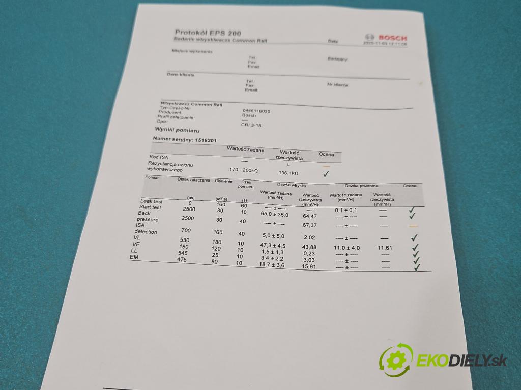 Vw Passat CC 2008-2016 2.0 TDI 140 hp manual 103 kW 1999 cm3 4- vstřikovač 0445116030 (Vstřikovač paliva)