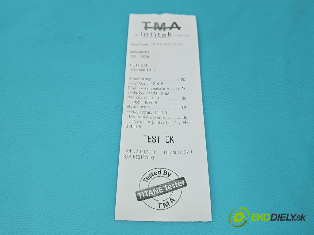 Citroen C3 I 2002-2009 1.1 8v 60 hp manual 44.1 kW 1124 cm3 5- startér: M002T13081 (Startér)