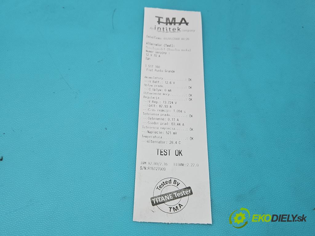 Fiat Punto Grande 1.4 8V 77 HP manual 57 kW 1368 cm3 5- Alternator 51700675 (Alternátor)