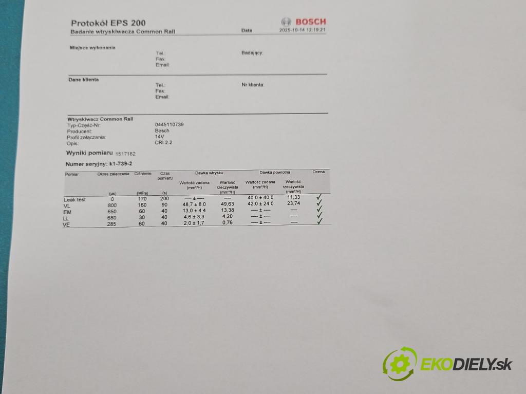 Peugeot 208 I 2012-2019 1.6 hdi 92 HP manual 68 kW 1560 cm3 3- vstrek 0445110739 (Vstrekovač paliva)