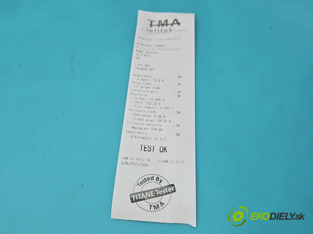 Peugeot 307 1.6 16v 109 HP manual 80 kW 1587 cm3 5- Alternator 9638544280 (Alternátor)