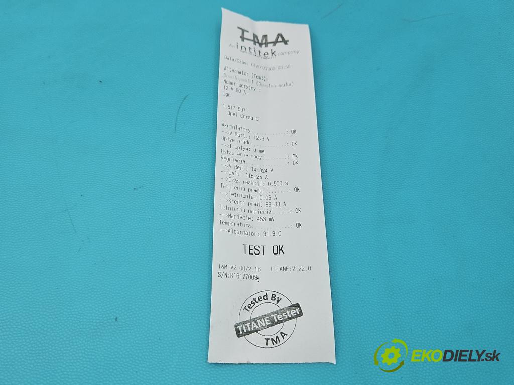 Opel Corsa C 2000-2006 1.3 CDTI 69KM manual 51 kW 1248 cm3 3- Alternator 13117279 (Alternátor)