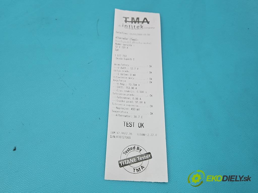 Skoda Superb I 2001-2008 1.9 tdi 116 HP manual 85 kW 1896 cm3 4- Alternator 028903031A (Alternátor)