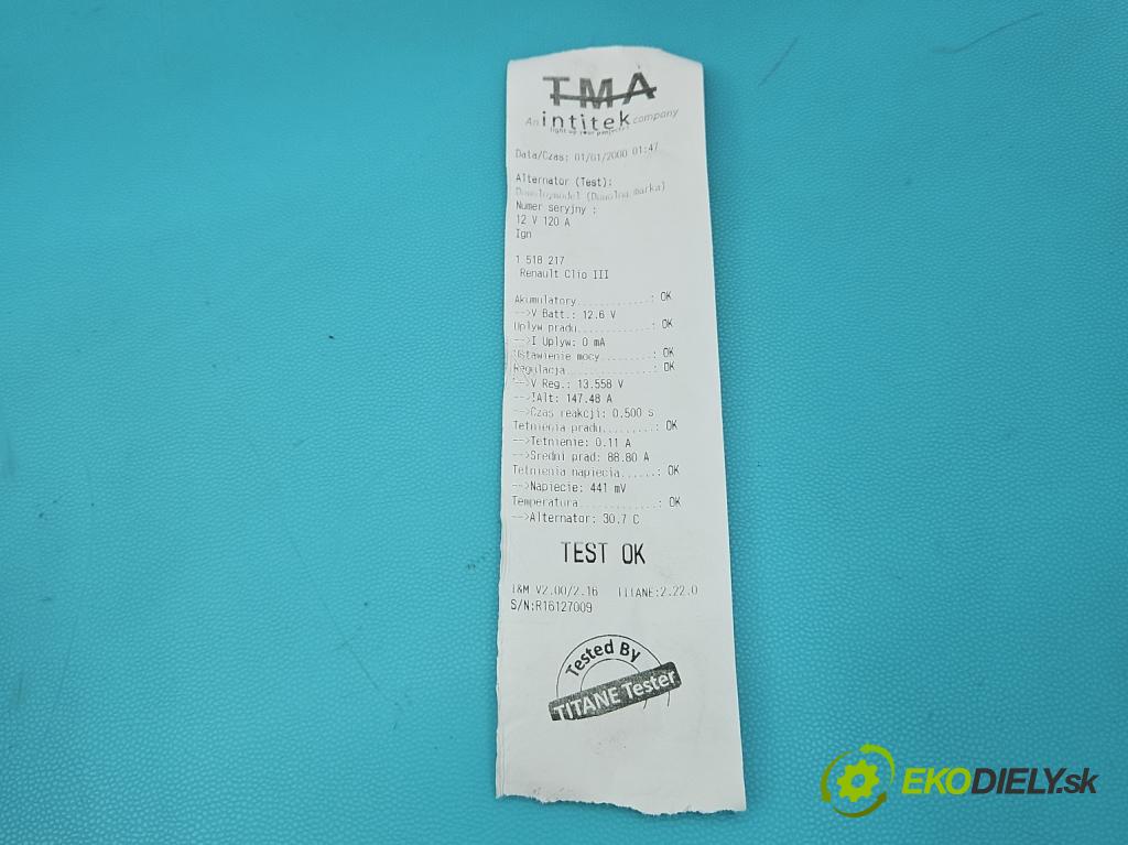 Renault Clio III 2005-2012 1.6 16V 111KM automatic 82 kW 1598 cm3 5- Alternator 0124425070 (Alternátor)