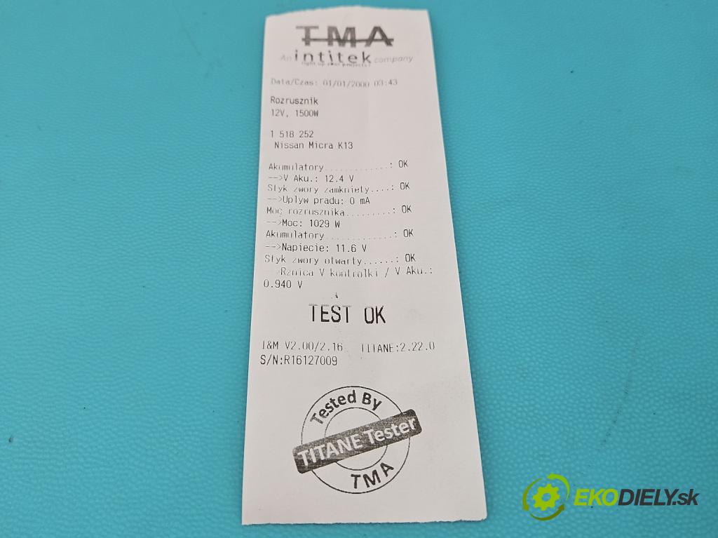 Nissan Micra K13 2010-2017 1.2 16v 80 hp manual 59 kW 1198 cm3 5- startér: 1196052A (Startér)