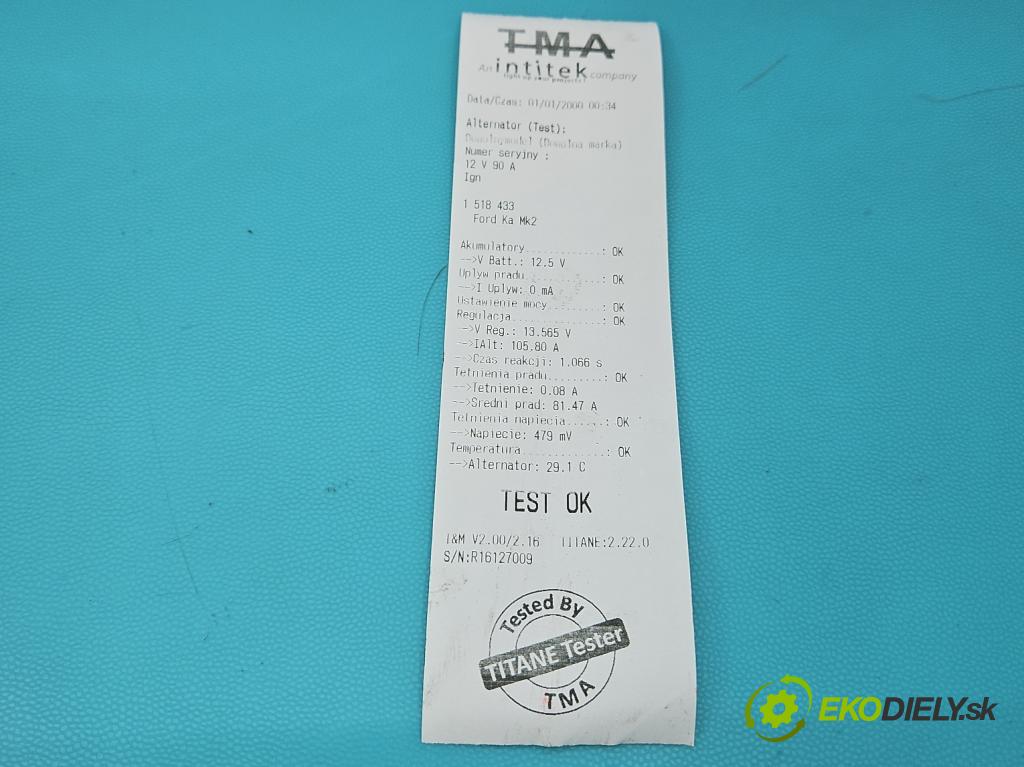 Ford Ka Mk2 2008-2016 1.2 8v 69KM manual 51 kW 1242 cm3 3- Alternator 51859038 (Alternátor)