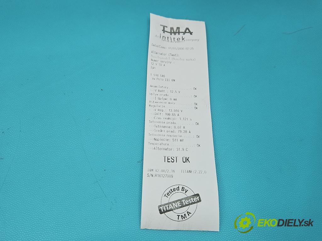 Vw Polo III 6N 1994-2001 1.6 75 HP manual 55 kW 1598 cm3 5- Alternator 0123310019 (Alternátor)