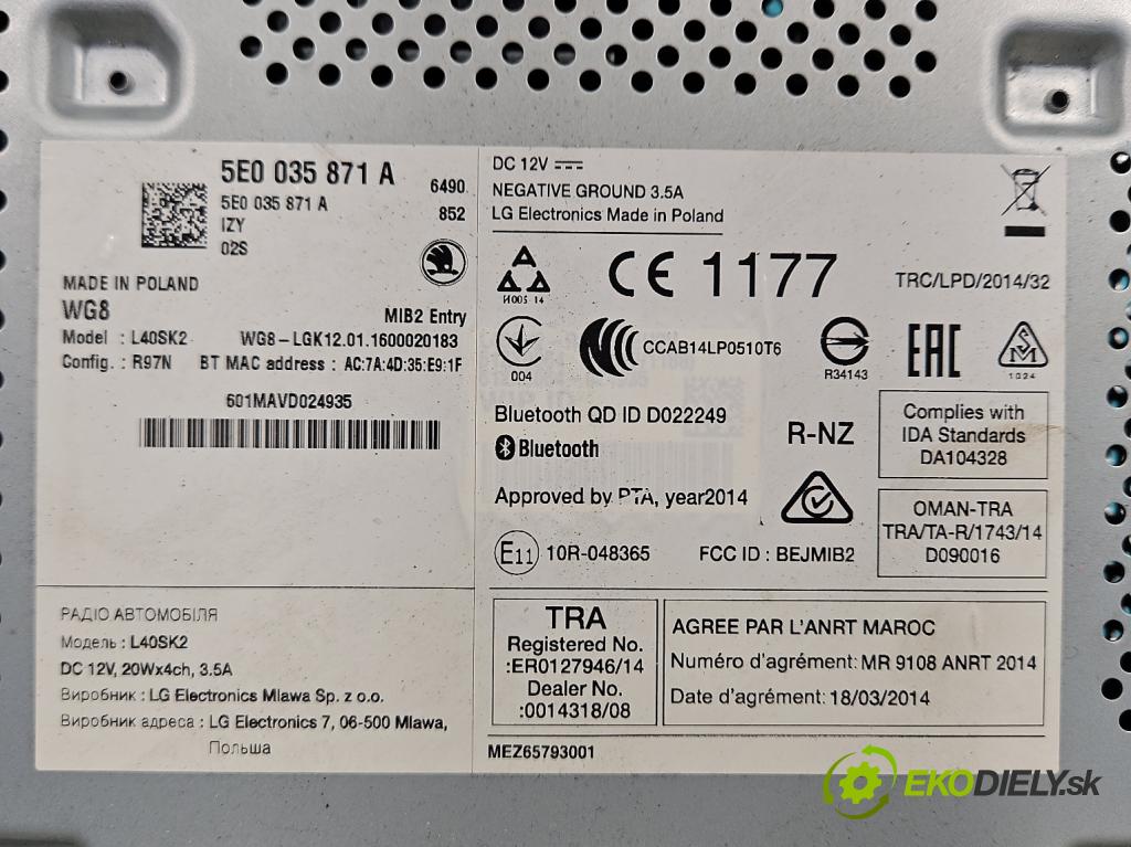 Skoda Octavia III 2013- 1.6 tdi 110 HP manual 81 kW 1598 cm3 5- Radio originál 5E0035871A