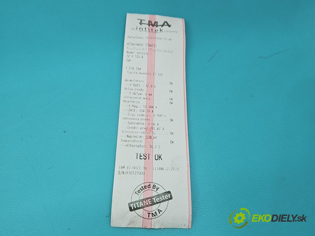 Toyota Avensis II T25 2003-2008 2.0 d4d 116 HP manual 85 kW 1995 cm3 5- Alternator 27060-27090 (Alternátor)