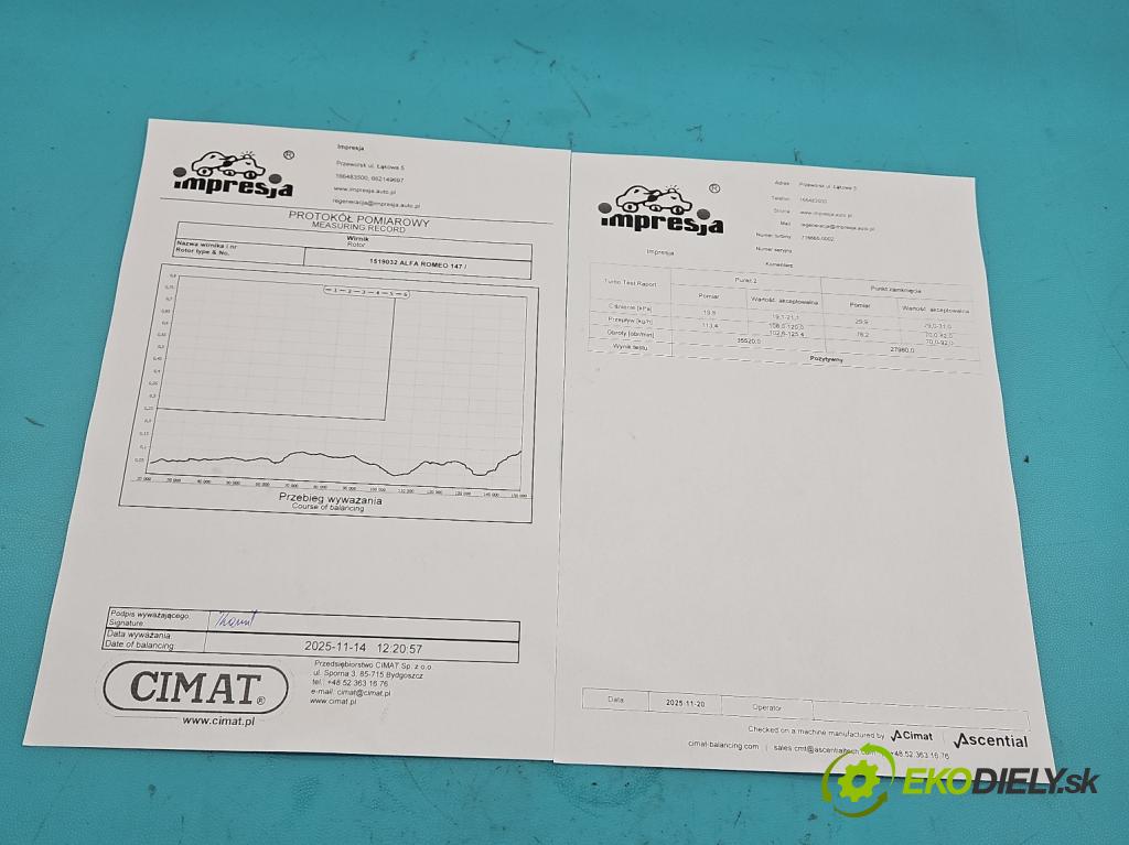 Alfa romeo 147 1.9 JTD 140 hp manual 103 kW 1910 cm3 5- Turbodmychadlo repasováno 716665-2