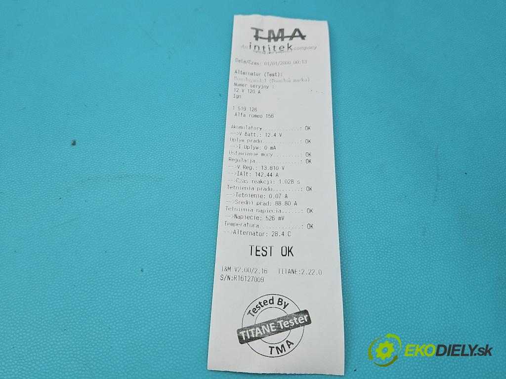 Alfa romeo 156 1.9 jtd 116 HP manual 85 kW 1910 cm3 5- Alternator 46809068 (Alternátor)