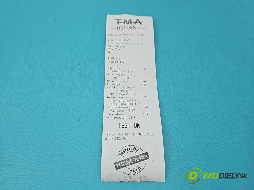 Mazda 6 I GG 2002-2007 2.3 16V 166 HP manual 122 kW 2261 cm3 4- Alternator A3TG0091 (Alternátor)