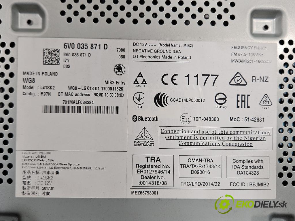 Skoda Fabia III 2014- 2021 1.2 TSI 110 HP manual 81 kW 1197 cm3 5- Radio originál 6V0035871D