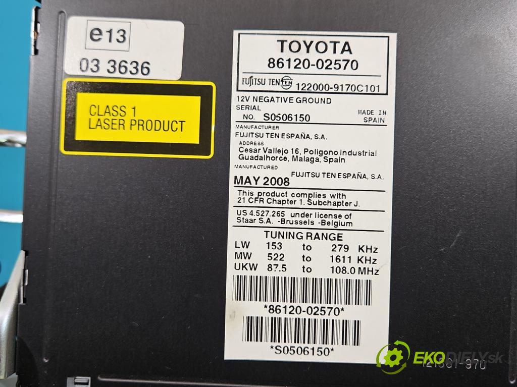 Toyota Auris I 2006-2013 1.6 VVTI 124hp manual 91 kW 1598 cm3 5- Radio originál 86120-02570