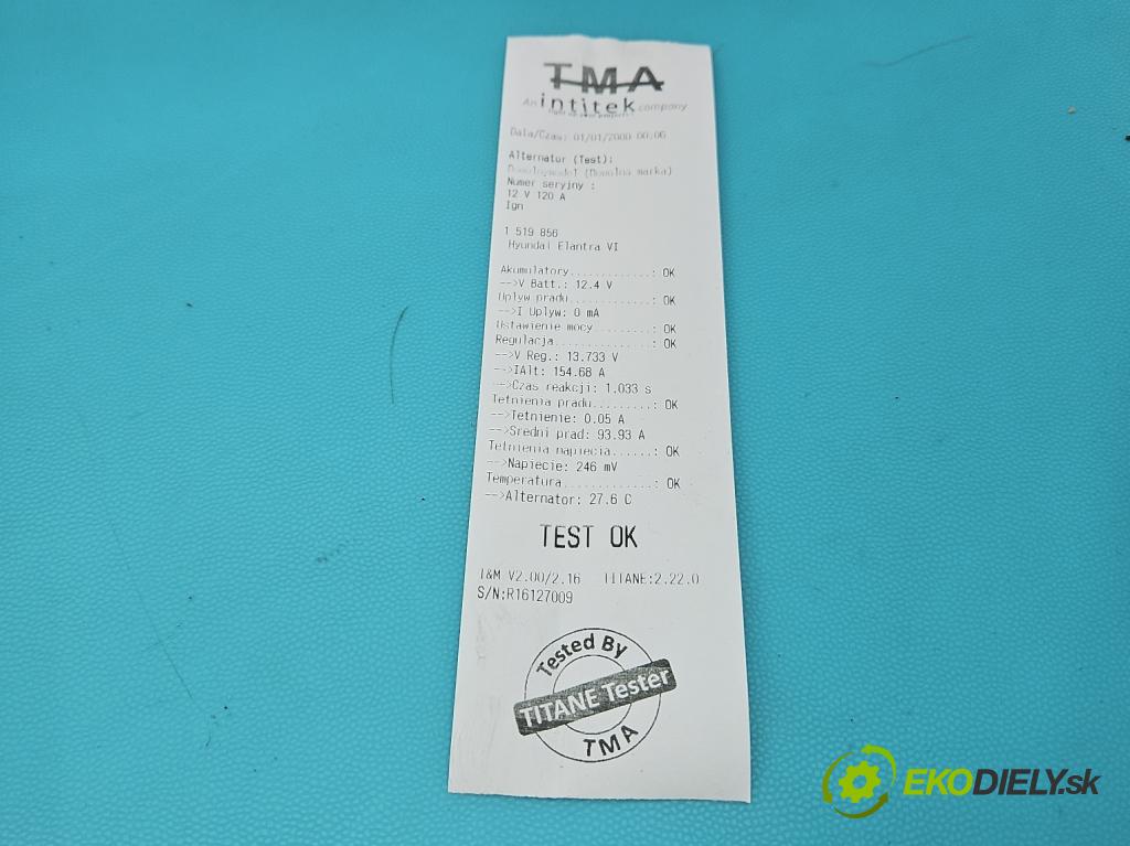 Hyundai Elantra VI 2015-2020 1.6 16v 128 HP manual 93.8 kW 1591 cm3 4- Alternator 37300-2B910 (Alternátor)