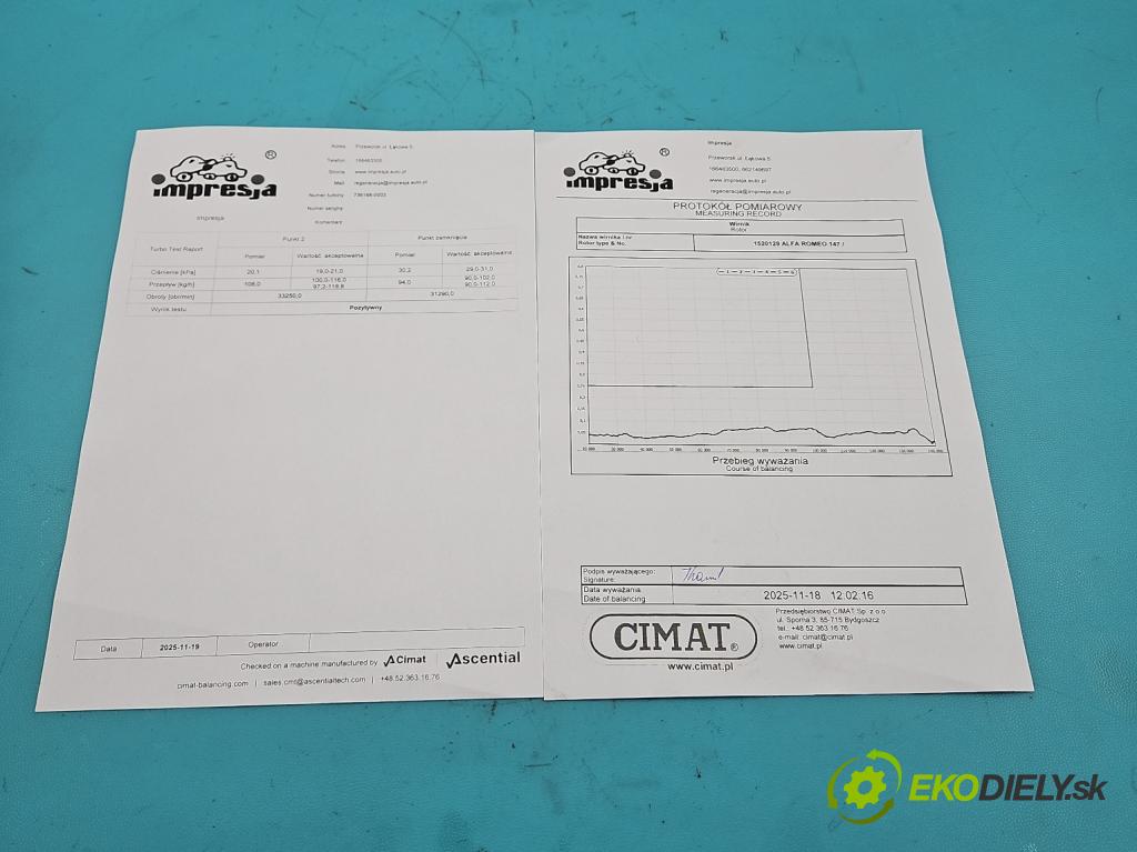 Alfa romeo 147 1.9 JTD 120 hp manual 88 kW 1910 cm3 3- Turbodmychadlo repasováno 736168-3