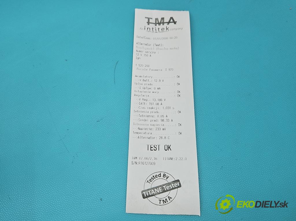 Porsche Panamera I 970 2009-2016 3.0 v6 420 hp automatic 309 kW 2997 cm3 5- Alternator 7PP903016B (Alternátor)