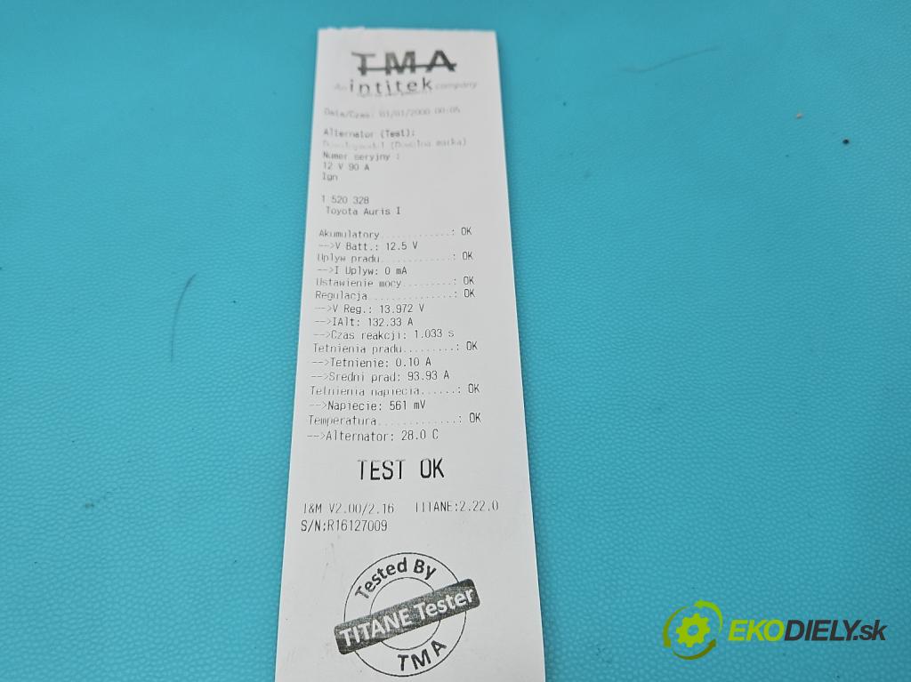 Toyota Auris I 2006-2013 1.6 VVTI 124hp manual 91 kW 1598 cm3 5- Alternator 27060-0T010 (Alternátor)