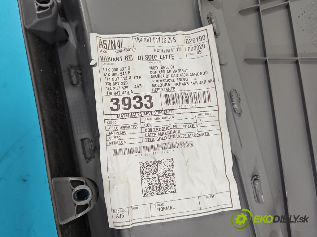 Vw Golf VI 2008-2013 1.6 TDI 90 HP manual 66 kW 1598 cm3 5- Čalounictví: dvere predné ľavé 1K4867011J