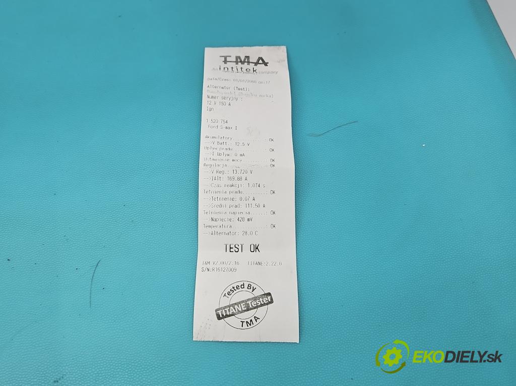 Ford S-max I 2006-2015 2.0 TDCI 140 HP manual 103 kW 1997 cm3 5- Alternator 0121615009 (Alternátor)