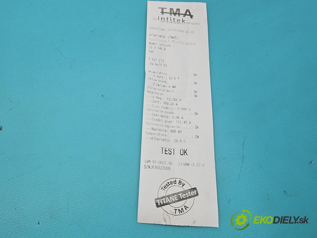 Vw Golf VI 2008-2013 1.6 TDI 90 HP manual 66 kW 1598 cm3 5- Alternator 06F903023 (Alternátor)