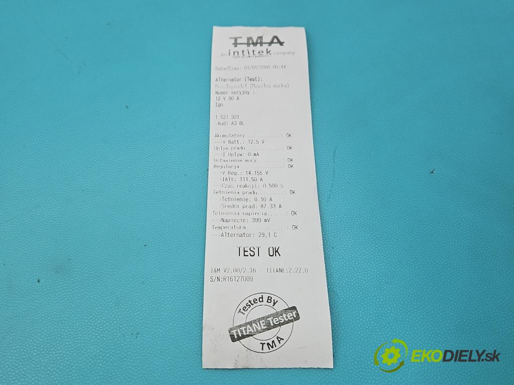 Audi A3 8L 1996-2003 1.9 TDI 101 HP automatic 74 kW 1896 cm3 5- Alternator 038903023R (Alternátor)