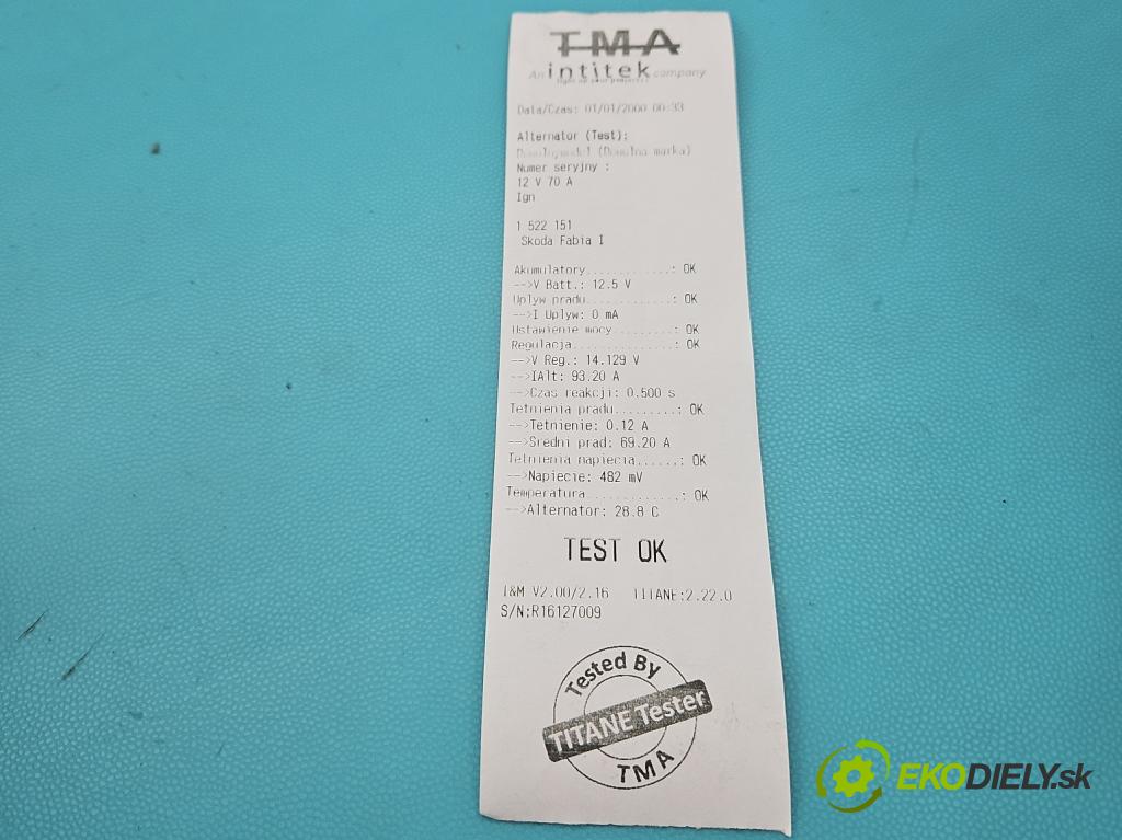 Skoda Fabia I 1999-2007 1.2 12v 64 HP manual 47 kW 1198 cm3 4- Alternator 03D903025H (Alternátor)