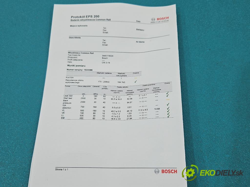 Bmw 7 F01 2008-2015 3.0d 245KM automatic 180 kW 2993 cm3 4- vstrek 0445116024 (Vstrekovač paliva)