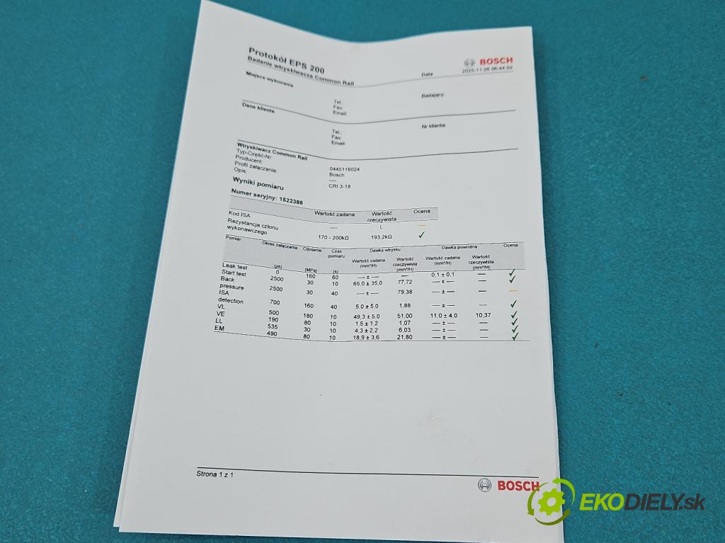 Bmw 7 F01 2008-2015 3.0d 245KM automatic 180 kW 2993 cm3 4- vstrek 0445116024 (Vstrekovač paliva)