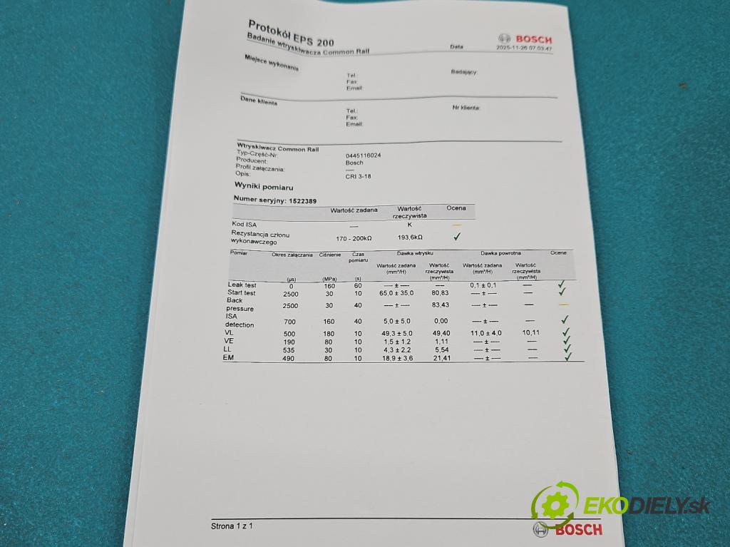 Bmw 7 F01 2008-2015 3.0d 245KM automatic 180 kW 2993 cm3 4- vstrek 0445116024 (Vstrekovač paliva)