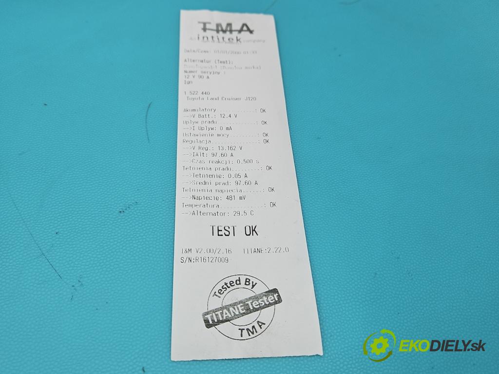 Toyota Land Cruiser J120 2002-2010 3.0 D4D 166 HP automatic 122 kW 2982 cm3 5- Alternator  (Alternátor)
