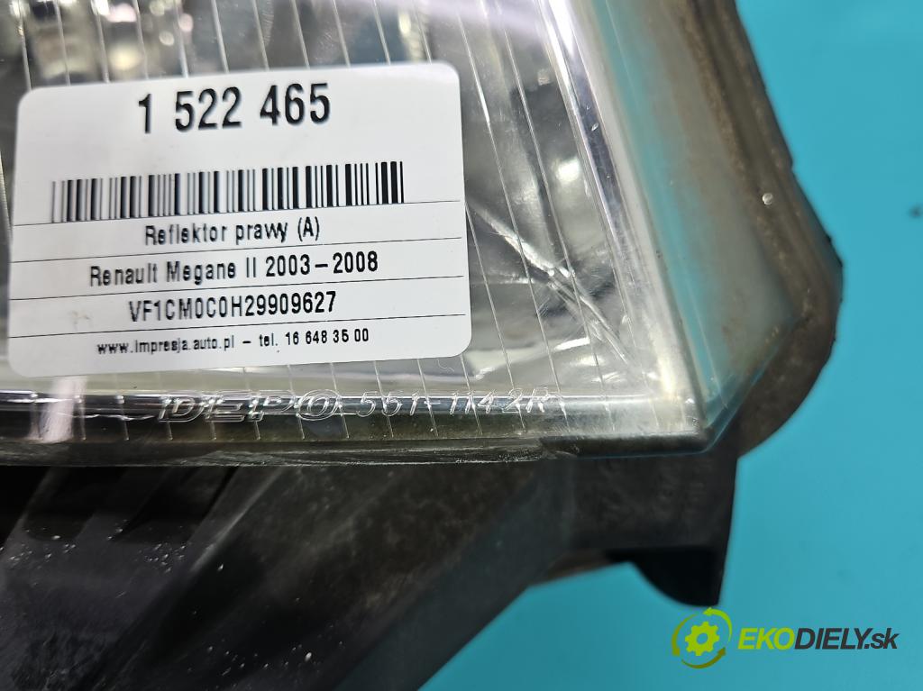 Renault Megane II 2003-2008 1.6 16v 113 HP manual 83 kW 1598 cm3 3- Reflektor: pravý  (Svetlo predné pravé)