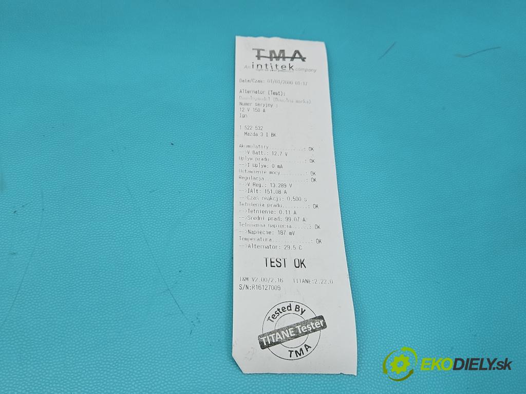 Mazda 3 I BK 2003-2009 1.6 citd 109 HP manual 80 kW 1560 cm3 5- Alternator 104210-2710 (Alternátor)