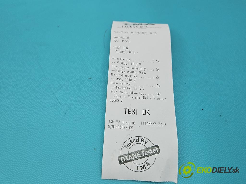 Suzuki Splash 1.3 DDIS 75 hp manual 55 kW 1248 cm3 5- startér: F002G20485 (Startér)