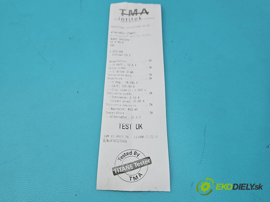 Citroen C3 I 2002-2009 1.1 8V 60 HP manual 44 kW 1124 cm3 5- Alternator 9642879680 (Alternátor)