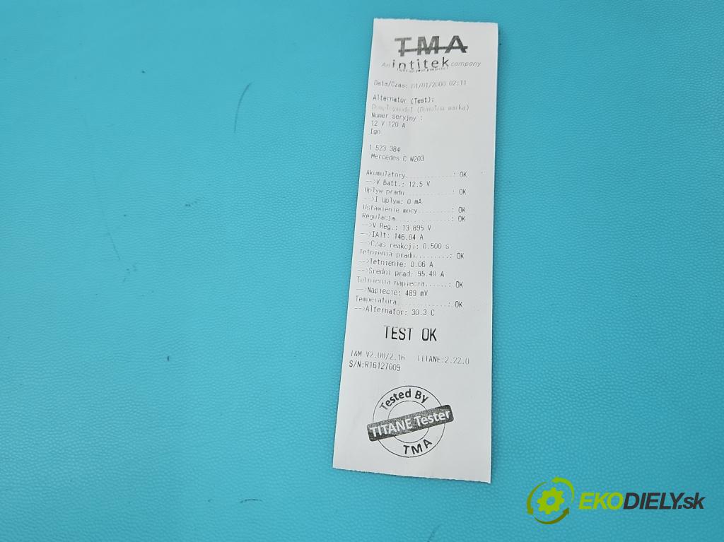 Mercedes C W203 2000-2007 2.0 kompressor 163 HP automatic 120 kW 1998 cm3 5- Alternator 0124515046 (Alternátor)