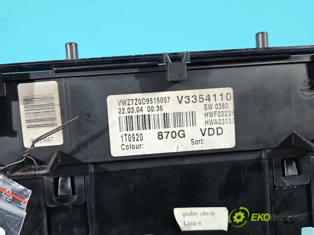 Vw Touran I 2003-2015 1.9 tdi 101 HP manual 74 kW 1896 cm3 5- prístrojovka/ budíky 1T0920870G (Prístrojová doska)